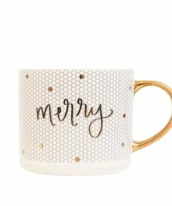 Sweet Water Decor Merry - White + Gold Honeycomb Tile Coffee Mug HOME + KITCHEN