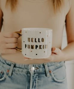 Sweet Water Decor Hello Pumpkin - White + Gold Honeycomb Tile Coffee Mug HOME + KITCHEN