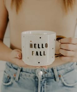 Sweet Water Decor Hello Fall - White + Gold Honeycomb Tile Coffee Mug HOME + KITCHEN