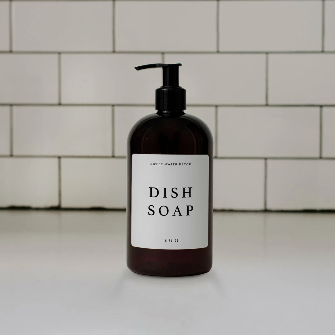 Discount ❤️ Sweet Water Decor 16oz Amber Plastic Dish Soap Dispenser - White Text Label SOAP DISPENSERS ❤️ 2 Sweet Water Decor 16oz Amber Plastic Dish Soap Dispenser - White Text Label SOAP DISPENSERS
