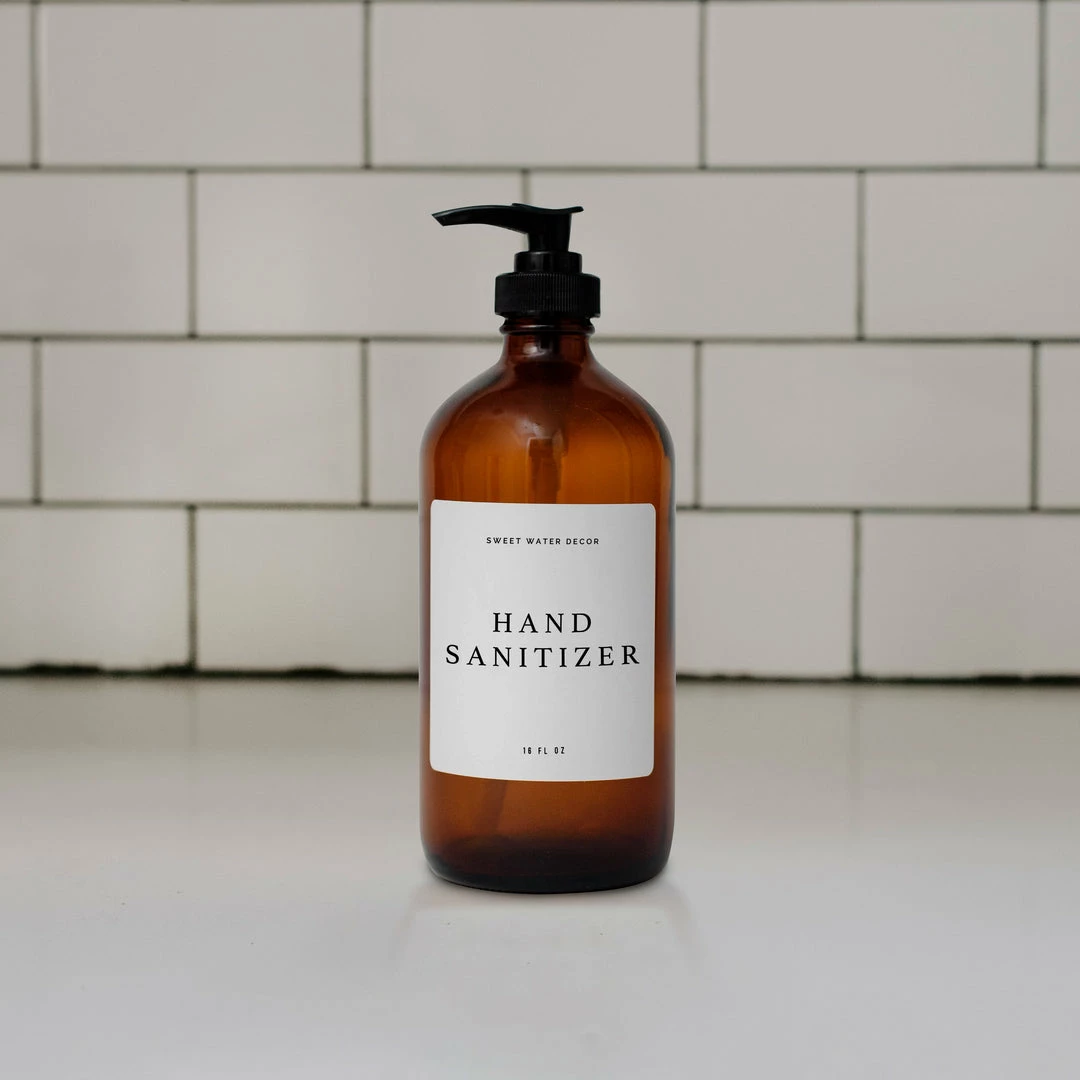 New 𧨠Sweet Water Decor 16oz Amber Glass Hand Sanitizer Dispenser - White Text Label SOAP DISPENSERS ⨠2 Sweet Water Decor 16oz Amber Glass Hand Sanitizer Dispenser - White Text Label SOAP DISPENSERS