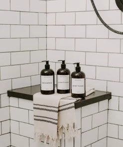 Sweet Water Decor 16oz Amber Plastic Bath + Shower Dispenser Set Of 3 - White Text Label SOAP DISPENSERS