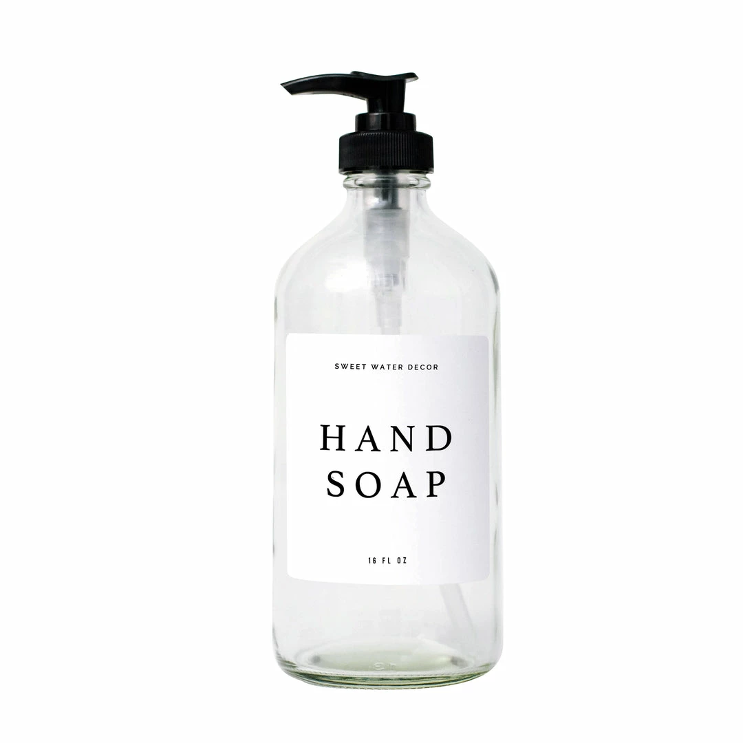 Wholesale π Sweet Water Decor 16oz Clear Glass Hand Soap Dispenser - White Text Label SOAP DISPENSERS π₯° 1 Sweet Water Decor 16oz Clear Glass Hand Soap Dispenser - White Text Label SOAP DISPENSERS
