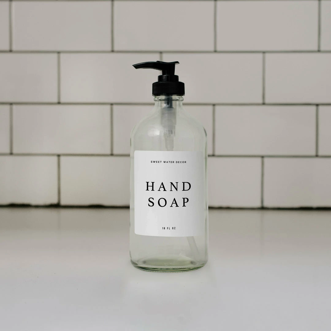 Wholesale π Sweet Water Decor 16oz Clear Glass Hand Soap Dispenser - White Text Label SOAP DISPENSERS π₯° 3 Sweet Water Decor 16oz Clear Glass Hand Soap Dispenser - White Text Label SOAP DISPENSERS