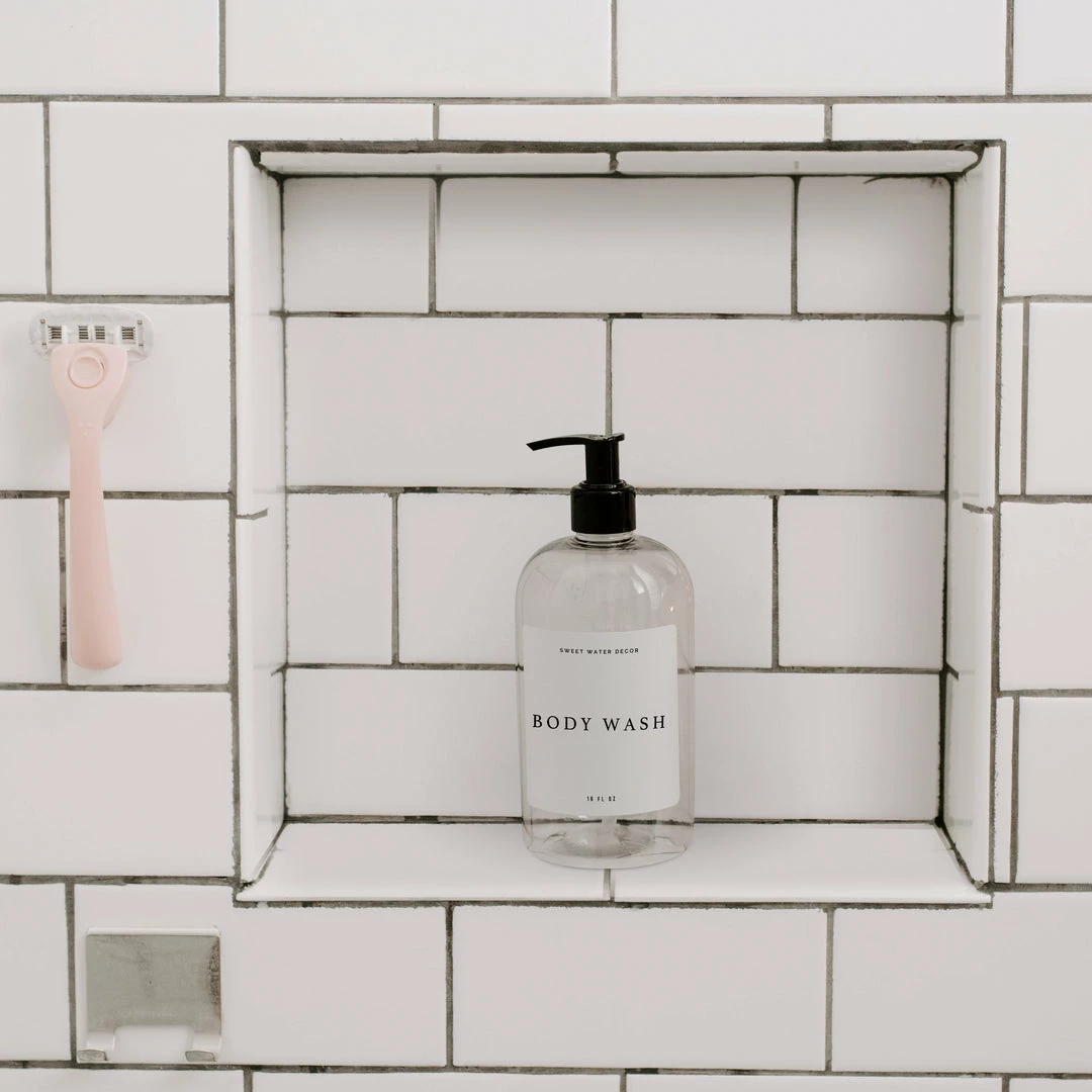 Cheap 𧨠Sweet Water Decor 16oz Clear Plastic Body Wash Dispenser - White Text Label π 2 Sweet Water Decor 16oz Clear Plastic Body Wash Dispenser - White Text Label