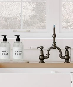 Sweet Water Decor 16oz Clear Plastic Countertop Dispenser Set Of 2- White Text Label SOAP DISPENSERS