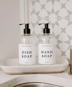 Sweet Water Decor 16oz Clear Plastic Countertop Dispenser Set Of 2- White Text Label SOAP DISPENSERS