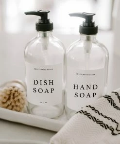 Sweet Water Decor SOAP DISPENSERS 16oz Clear Glass Countertop Dispenser Set Of 2 - White Text Label