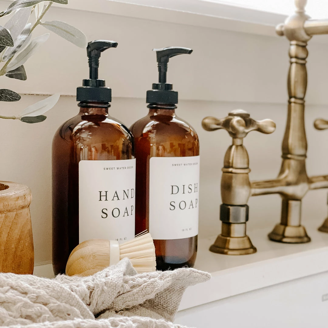 Promo π Sweet Water Decor 16oz Amber Glass Dish Soap Dispenser - White Text Label β¨ 4 Sweet Water Decor 16oz Amber Glass Dish Soap Dispenser - White Text Label