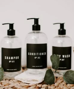 Sweet Water Decor SOAP DISPENSERS 16oz Clear Plastic Bath + Shower Dispenser Set Of 3 - Black Label