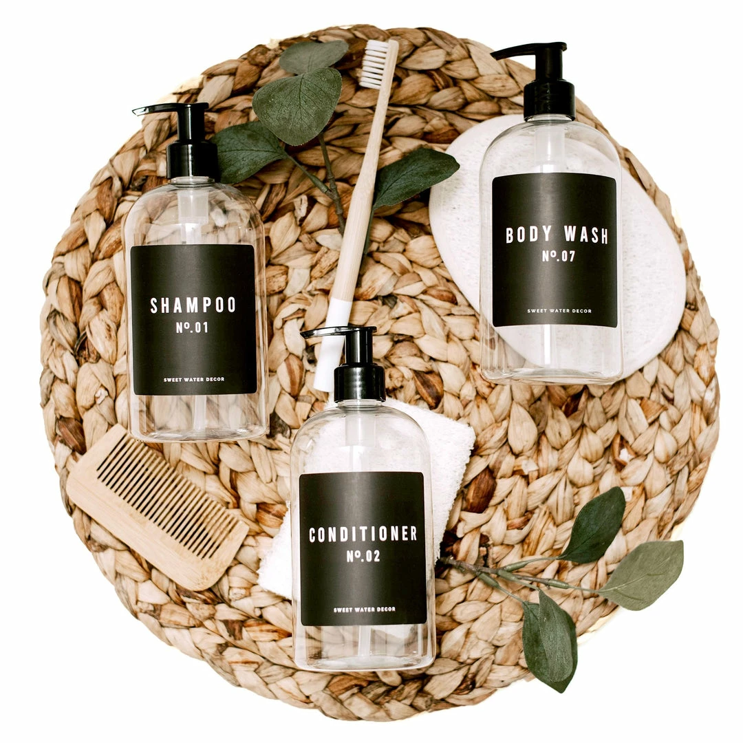 Budget π Sweet Water Decor SOAP DISPENSERS 16oz Clear Plastic Bath + Shower Dispenser Set Of 3 - Black Label π 3 Sweet Water Decor SOAP DISPENSERS 16oz Clear Plastic Bath + Shower Dispenser Set Of 3 - Black Label