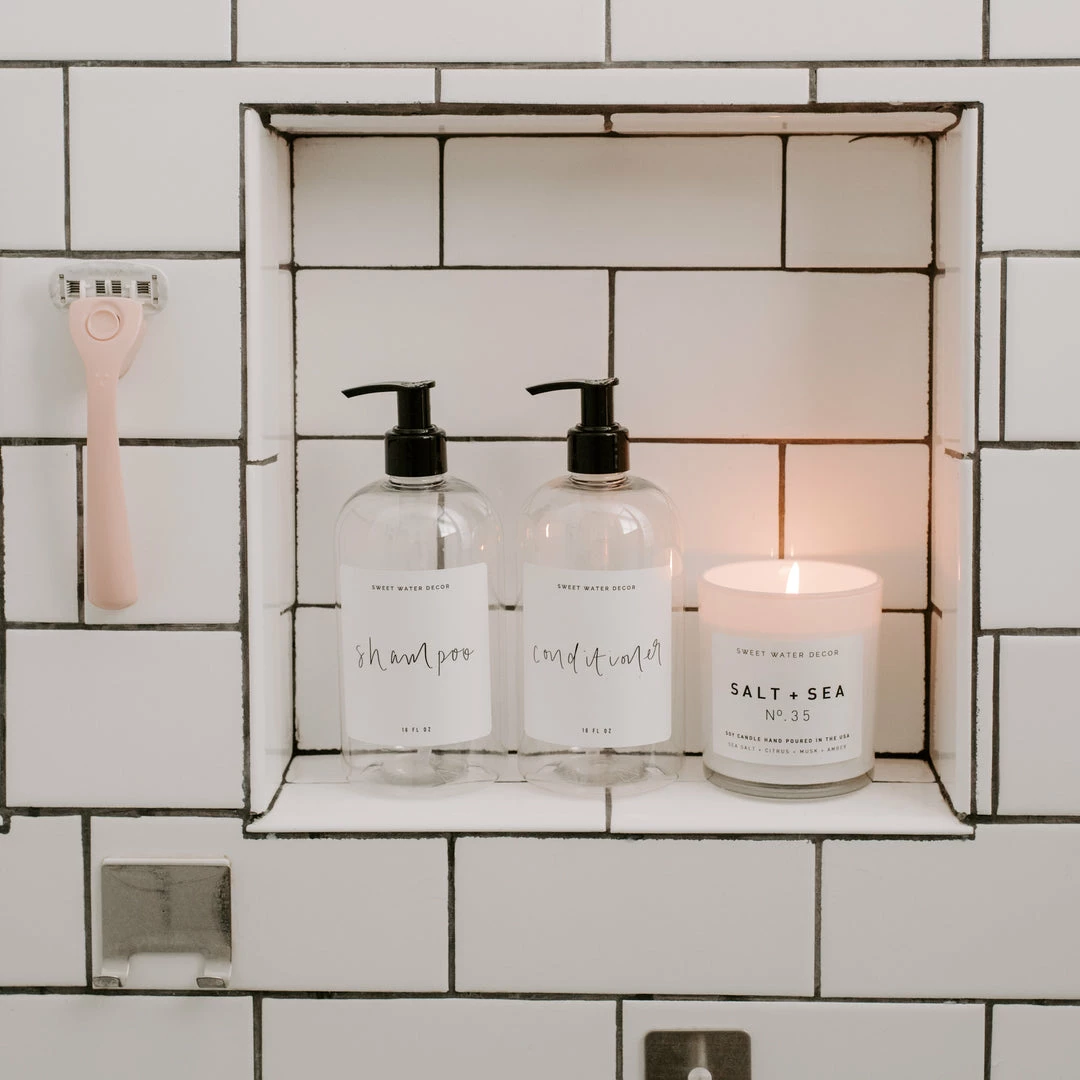 Discount 𧨠Sweet Water Decor SOAP DISPENSERS 16oz Clear Plastic Conditioner Dispenser - White Label β 3 Sweet Water Decor SOAP DISPENSERS 16oz Clear Plastic Conditioner Dispenser - White Label