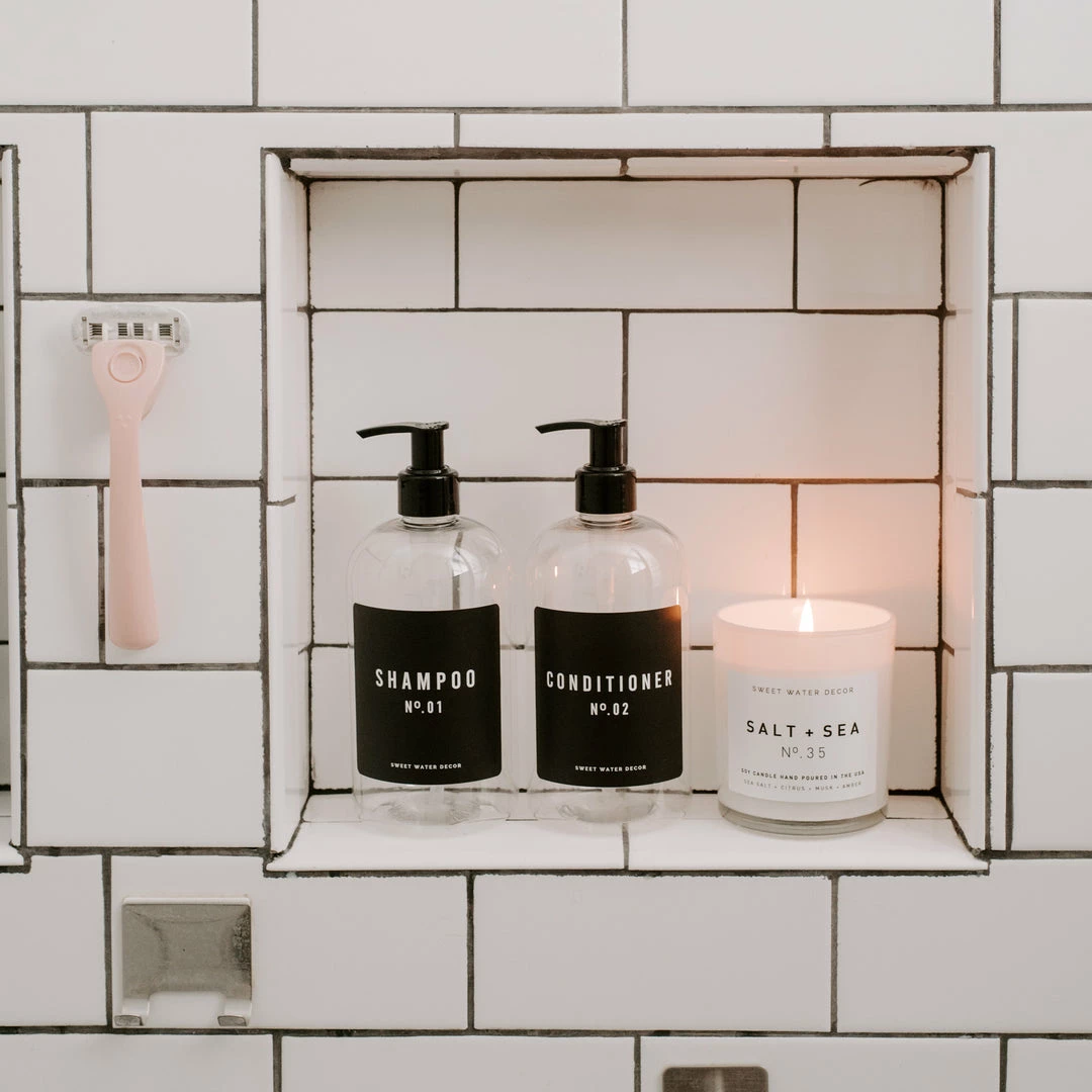 Brand new β Sweet Water Decor 16oz Clear Plastic Bath + Shower Dispenser Set Of 2 - Black Label SOAP DISPENSERS 𧨠1 Sweet Water Decor 16oz Clear Plastic Bath + Shower Dispenser Set Of 2 - Black Label SOAP DISPENSERS