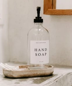 Sweet Water Decor 16oz Clear Glass Hand Soap Dispenser - White Text Label SOAP DISPENSERS