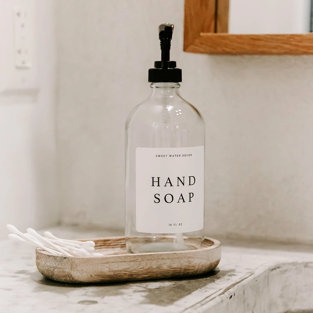 Wholesale π Sweet Water Decor 16oz Clear Glass Hand Soap Dispenser - White Text Label SOAP DISPENSERS π₯° 2 Sweet Water Decor 16oz Clear Glass Hand Soap Dispenser - White Text Label SOAP DISPENSERS