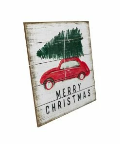 SWEET WATER DECOR Merry Christmas Shiplap Wood Sign With Tree And Car 18x18