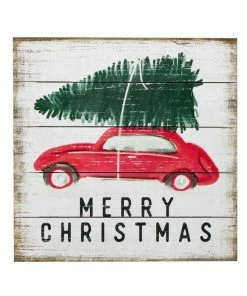 SWEET WATER DECOR Merry Christmas Shiplap Wood Sign With Tree And Car 18x18" WOOD + METAL SIGNS