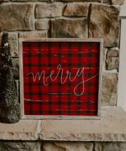 SWEET WATER DECOR Merry Plaid Wood Sign 18x18