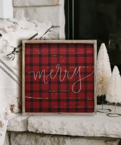 SWEET WATER DECOR Merry Plaid Wood Sign 18x18