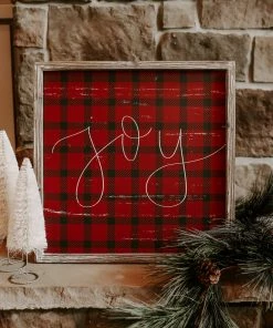 SWEET WATER DECOR Joy Plaid Wood Sign 18x18