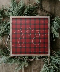 SWEET WATER DECOR Joy Plaid Wood Sign 18x18"